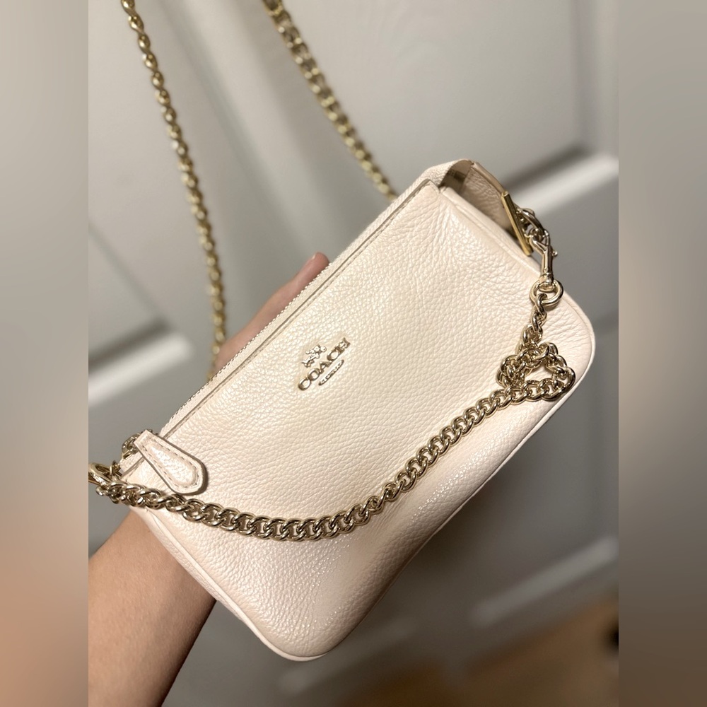 Coach Light cream Leather Wristlet with double Gold Chain